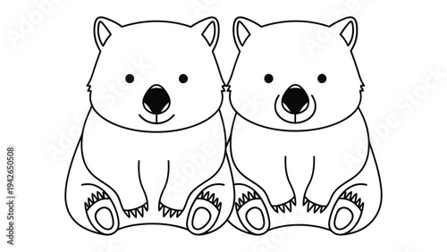 Wombat Companions: An adorable artistic illustration features two charming wombats in a monochromatic composition, sitting together as symbols of friendship, cuddliness, and the beauty of simplicity.
