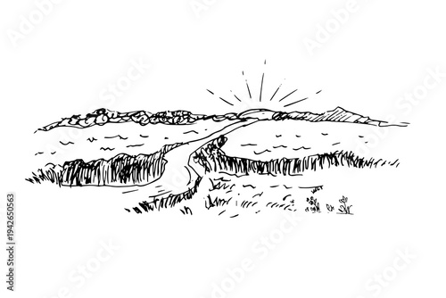 Rural landscape with a field  in grunge sketch vector illustration.