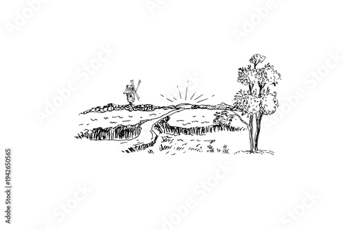 Rural landscape with a field  in grunge sketch vector illustration.