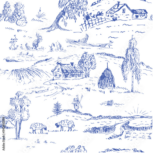 Blue  rural landscapes with fields in the toile de jouy pattern for rustic wallpaper, linen textile.
