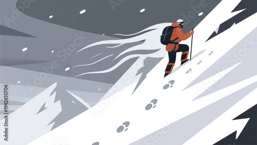 Illustration Of An Adventurer Climbing A Snowy Mountain With Strong Winds Vector Design Template