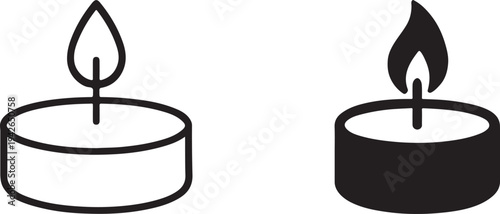 Candle simple black silhouette and outline icon with flame for decoration, app and website design.