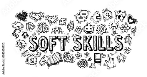 Soft skills doodle illustration: communication, creativity and teamwork symbols