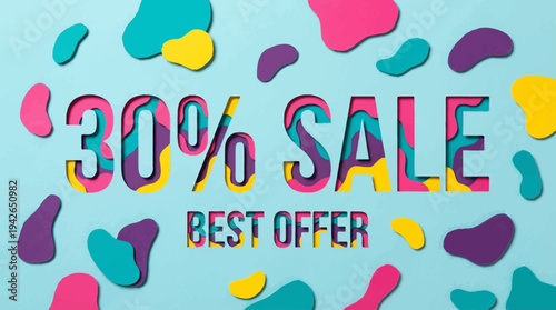 30% Sale Best Offer Banner with Colorful Paper Cut Layered Abstract Shapes on Light Blue Background