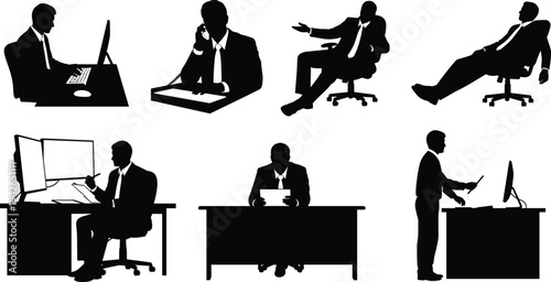 Silhouette collection of business professionals working in office environment, typing on computers, making phone calls, reading documents, and performing daily corporate workplace activities.