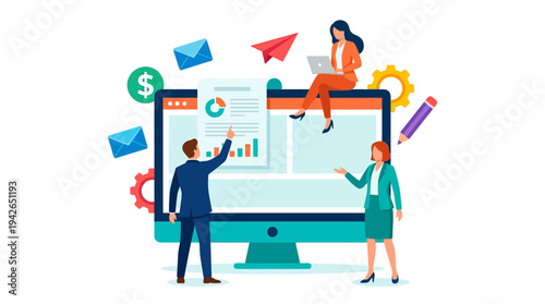 Business Team Analyzing Data and Analytics on Large Computer Screen for Marketing Strategy and Project Management Vector Illustration