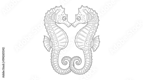 Sea Horse Love: An illustration of two seahorses, their bodies intertwined in a gesture of affection, their eyes locked in a display of intimacy. This image evokes feelings of love and connection.