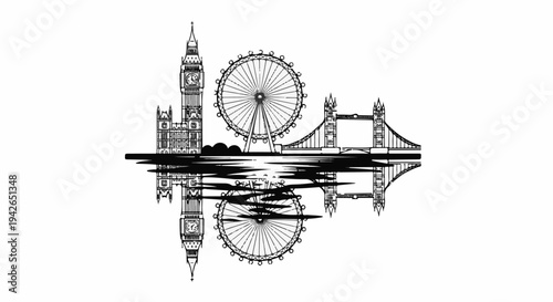 Iconic London landmarks reflected in water