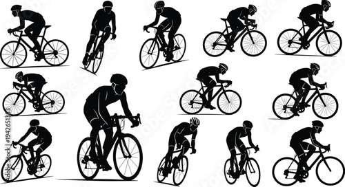 Silhouettes of cyclists riding road bicycles in various positions, pedaling, leaning forward, turning, and showcasing diverse cycling postures for sports, fitness, and outdoor lifestyle concepts