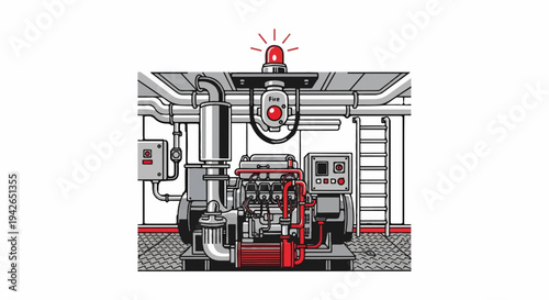 Industrial pump system with red warning light and emergency button