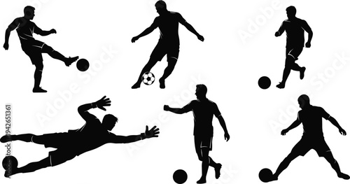 Silhouette set of soccer players performing dynamic actions including kicking, dribbling, passing, and goalkeeping, illustrating football skills, teamwork, competitive sports training, and athletic mo