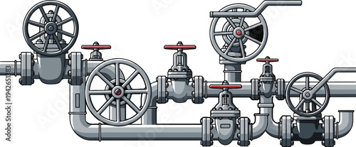 Industrial pipe system with multiple valves and large wheels