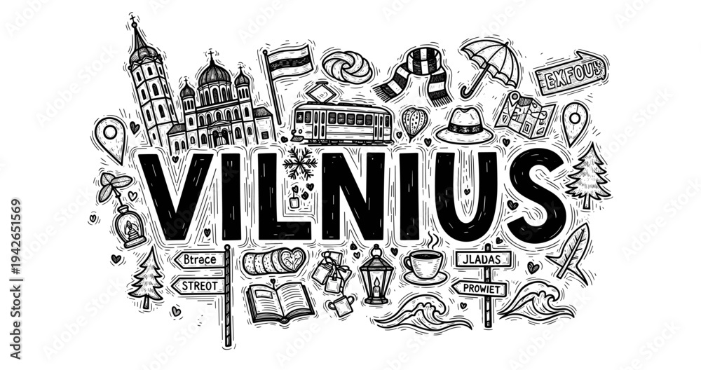 Obraz premium Vilnius landmarks and symbols illustrated in black and white