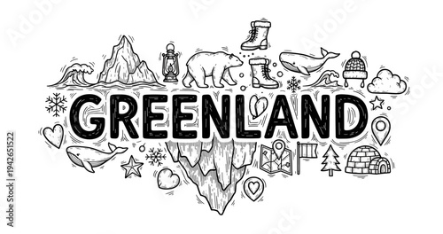 Greenland adventure: icebergs, wildlife, and cultural icons in black and white doodles