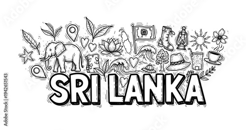 Sri lanka icons: elephant, lotus, ceylon tea, landmarks, and nature elements