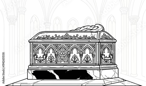 Ornate stone sarcophagus with ornate carvings inside a gothic cathedral