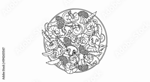 A circular platter overflowing with a vibrant assortment of fresh vegetables and shrimp