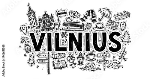 Vilnius landmarks and symbols illustrated in black and white