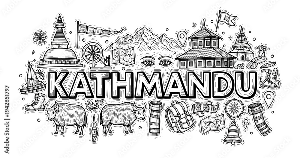 Naklejka premium Kathmandu landmarks and culture: temples, mountains, and traditional symbols