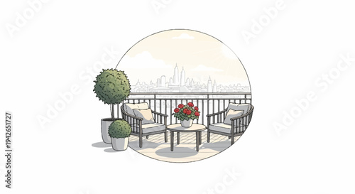 A balcony seating area with potted trees and city skyline