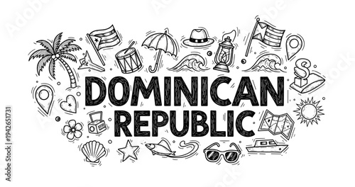Dominican republic: tropical icons and symbols in black and white illustration