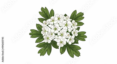 A detailed illustration of a cluster of small white flowers with green centers and leaves