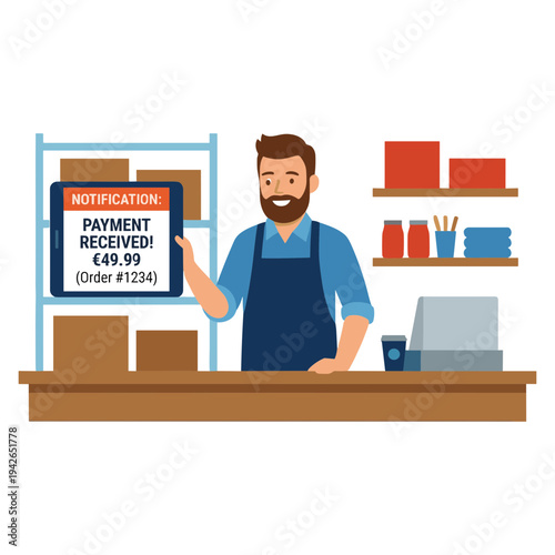 Man holding notification sign standing behind counter with cash register