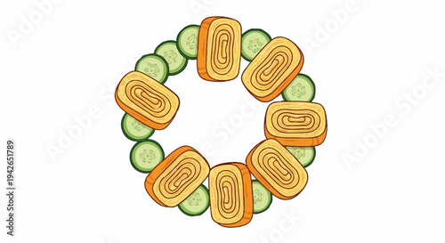 Ring of rolled egg omelets and cucumber slices, isolated on white