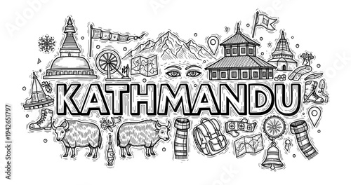 Kathmandu landmarks and culture: temples, mountains, and traditional symbols