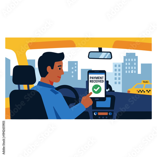 Man driving taxi receiving payment on smartphone in city