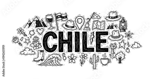 Artistic illustration of chile with iconic symbols and landmarks