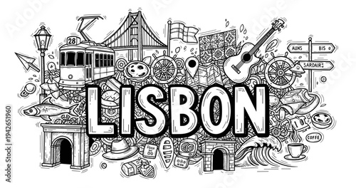 Lisbon doodle art: tram, bridge, food, music, and culture