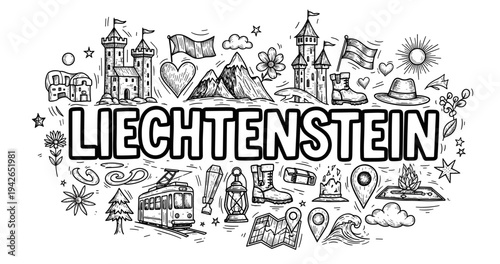 Liechtenstein icons: castles, mountains, flags, and local symbols in black and white