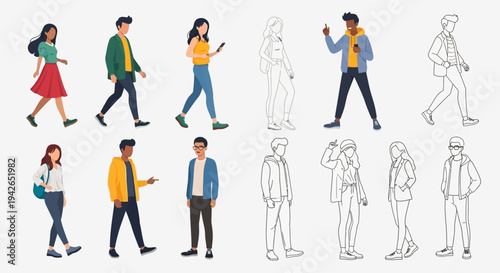 Diverse group of people walking, presented in both outline and colored illustration styles on isolated white background