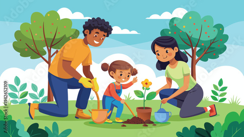 Parent and Children Gardening Sapling Outdoor Activity Illustration