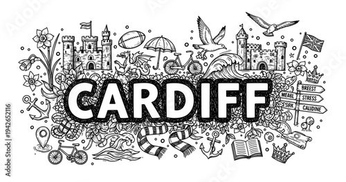 Cardiff doodle art: castles, seagulls, rugby, and welsh symbols in intricate black and white