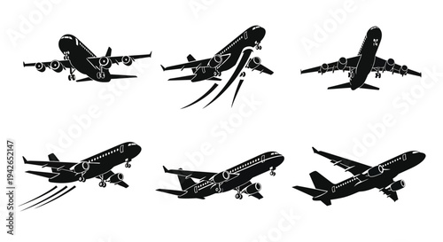 Dynamic set of airplane icons depicting various flight stages including takeoff, landing, and in-air motion on isolated white background