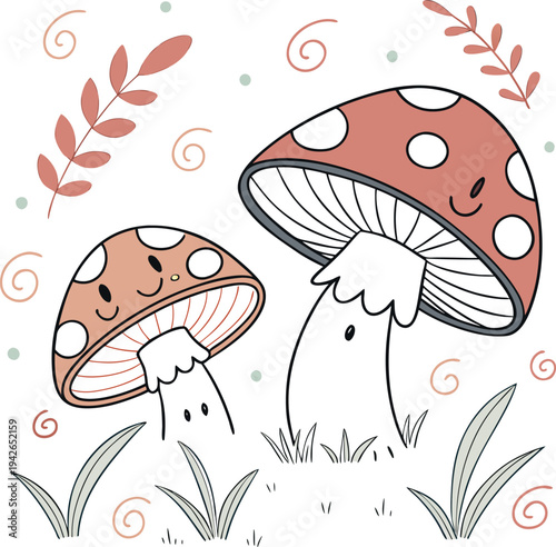 Set of 2 cute cartoon mushroom illustrations vector