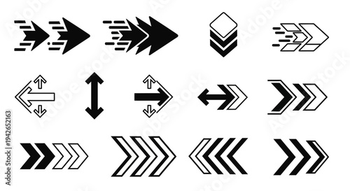Set of black arrow icons depicting speed, layers, and multi-directional movement on an isolated white background.