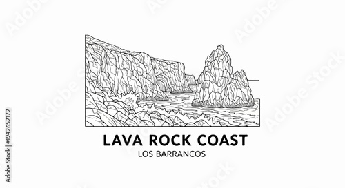 A black and white sketch depicts a rocky coastline with water