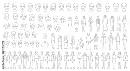 Extensive collection of human body and head outlines, depicting diverse people in various standing, sitting, and walking poses on an isolated white background.