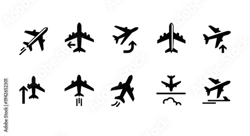 Set of airplane icons depicting various flight actions like takeoff, landing, and turns on isolated white background