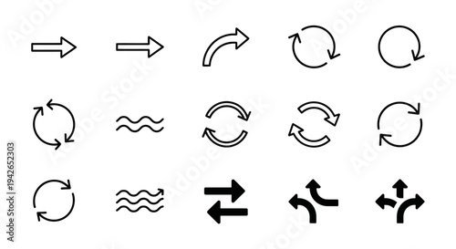 A collection of various arrow and refresh icons, including straight, curved, circular, and bidirectional arrows, along with wavy lines.