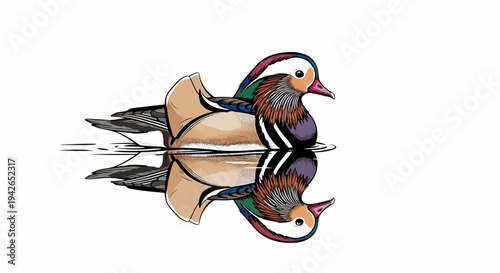 Vibrant duck with colorful plumage floats on water, reflected below