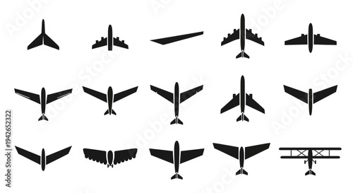Collection of various airplane types and shapes from a top-down view on isolated white background