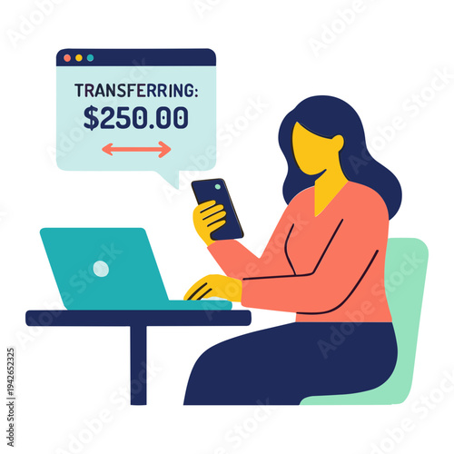 Woman sitting at a desk transfers money using her phone and laptop.
