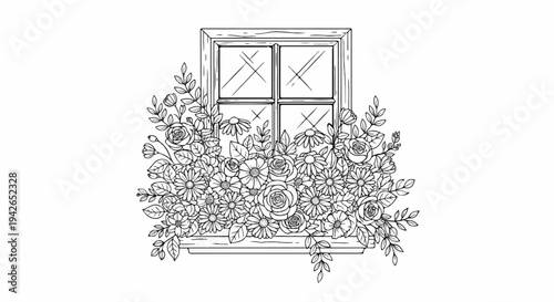 A charming window box overflowing with roses and daisies, outlined in black