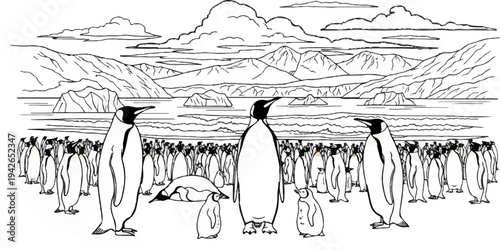 A colony of penguins gathers in an icy landscape under cloudy skies