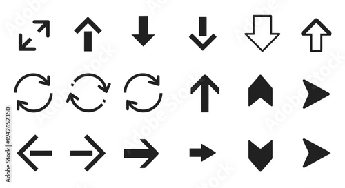 A collection of various arrow icons, including directional arrows, refresh symbols, and an expand icon, presented in a grid layout.