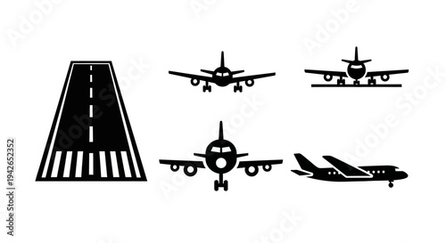 Black silhouette icons of an airport runway and various airplanes from different perspectives, representing aviation and travel.